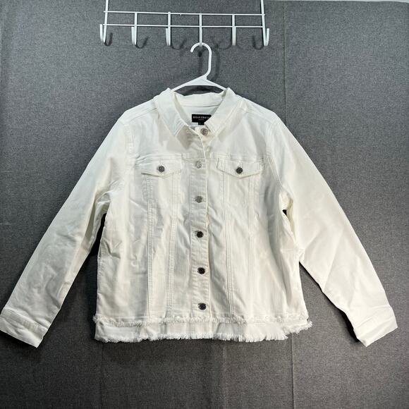 Susan Graver Stretch Denim Size Large White Button-Front Jean Jacket - Picture 1 of 10
